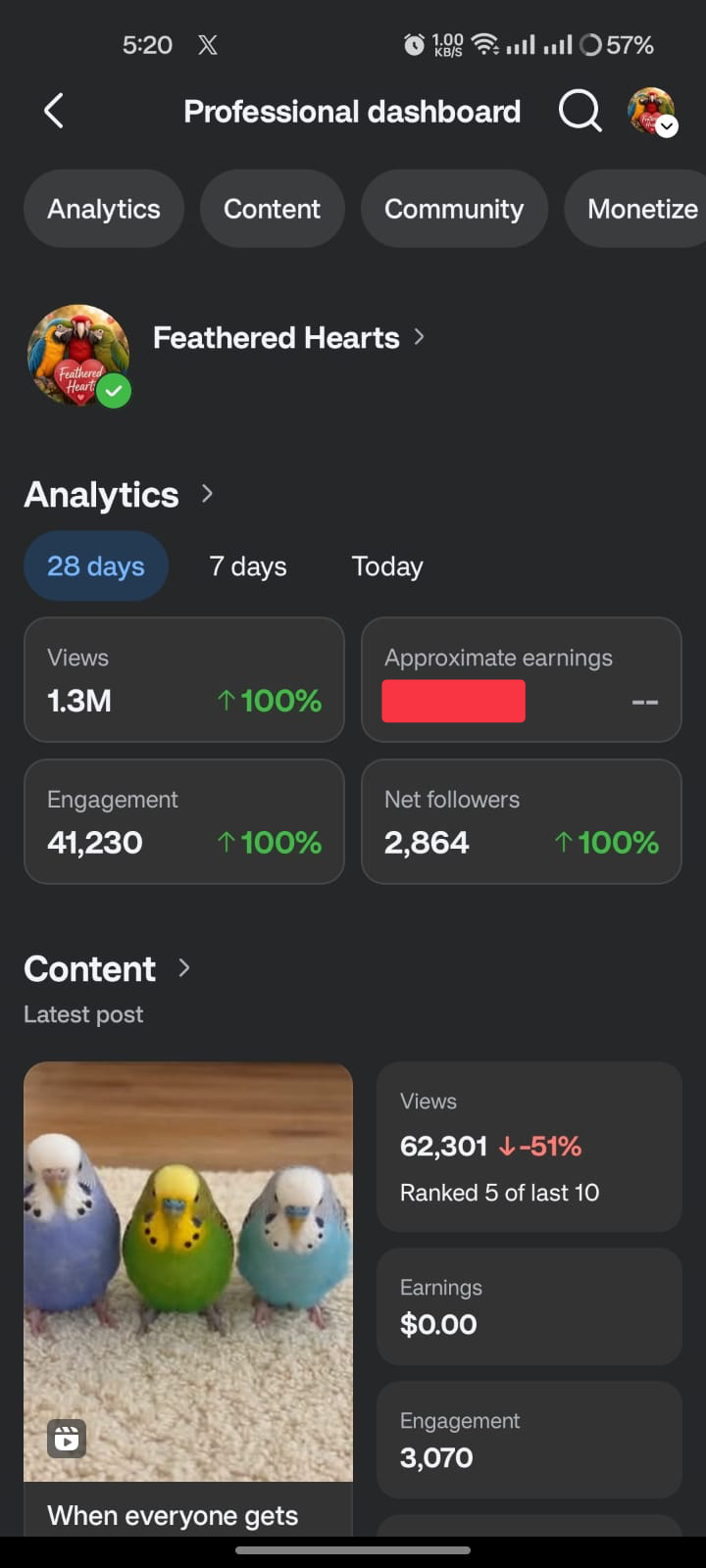 Feathered Hearts Facebook Page Analytics showing 1.3M views